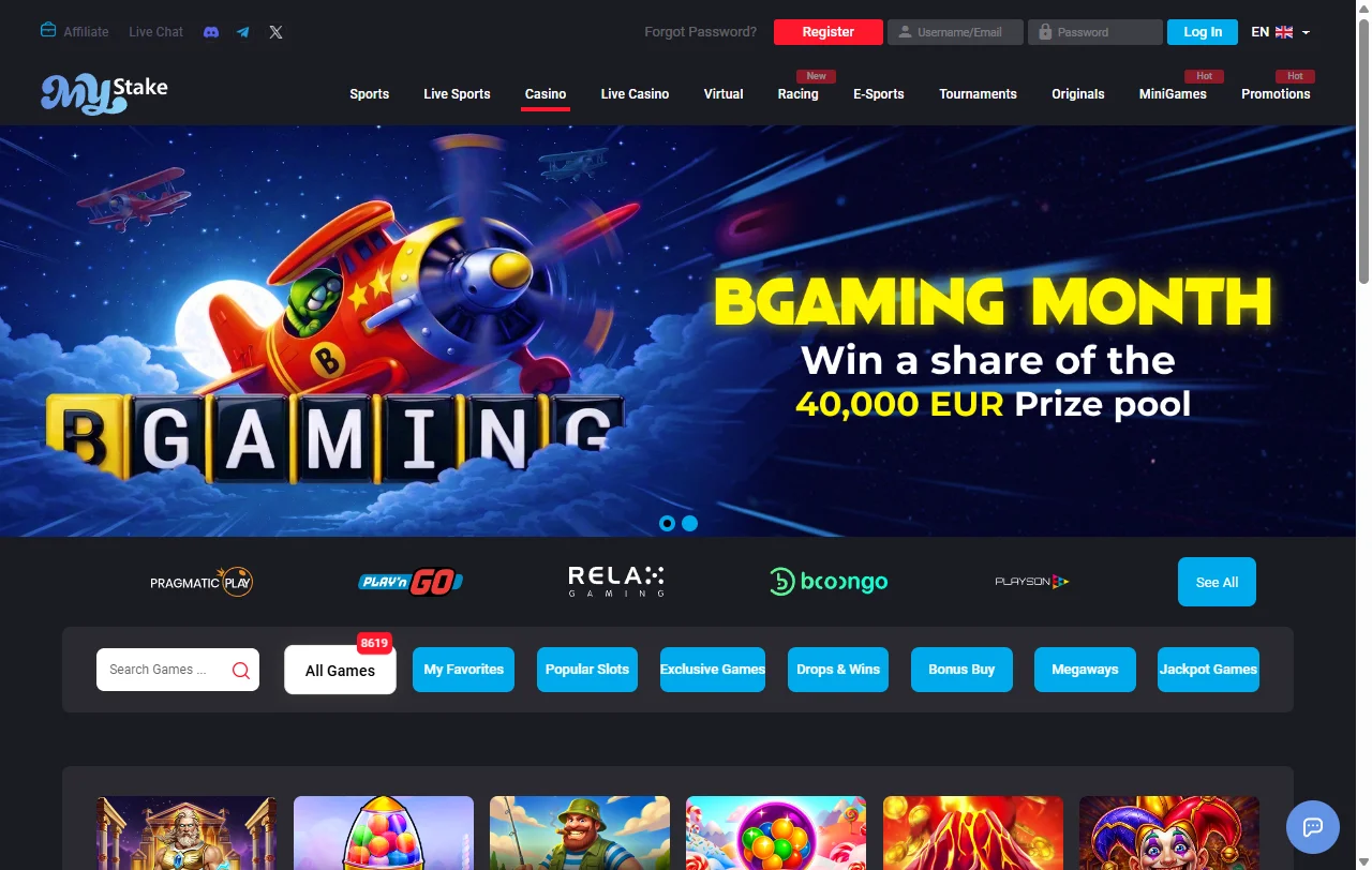 MyStake Casino games library with live tables and slots