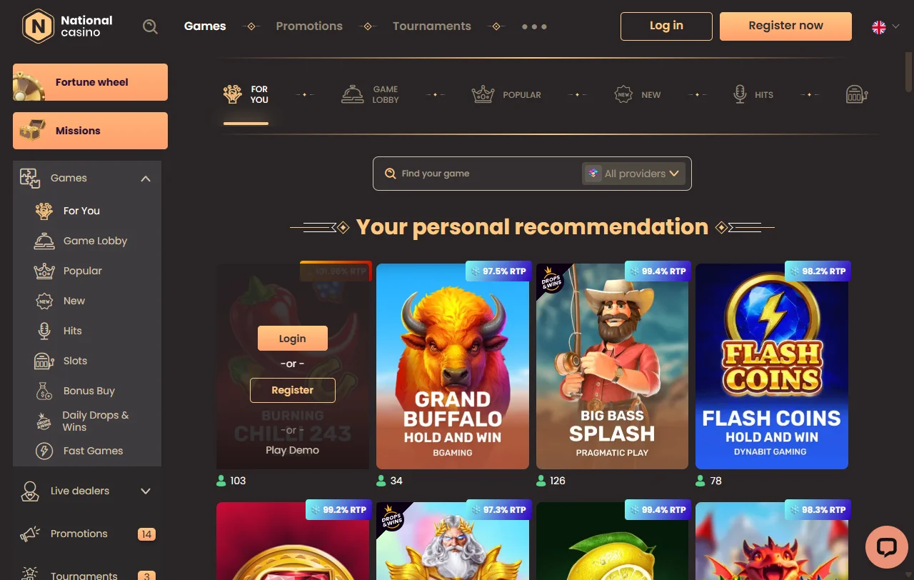 National Casino slots and live dealer selection with provider variety