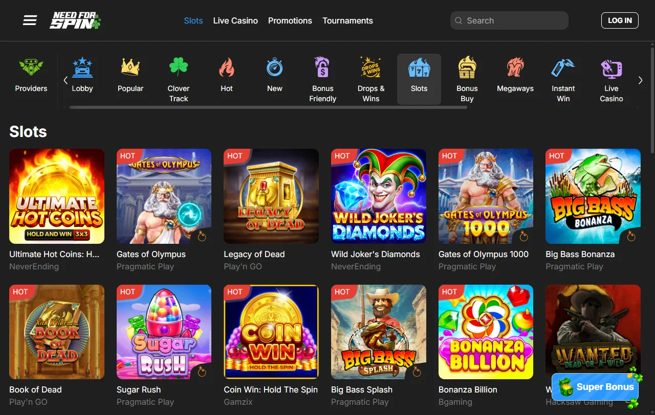 Need for Spin Casino games and live dealer selection