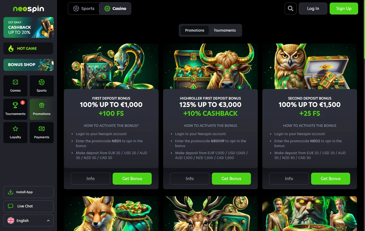 Neospin Casino bonus structure and welcome offer summary