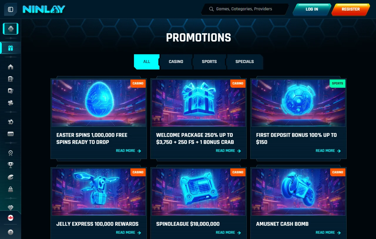 Ninlay Casino games library with slots, live tables and providers