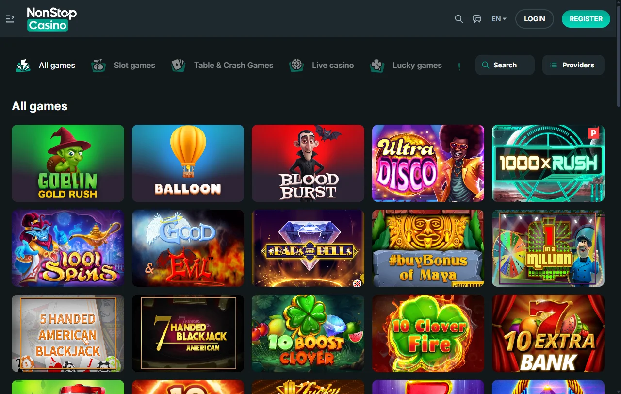 NonStop Casino overview of slots, live tables and providers