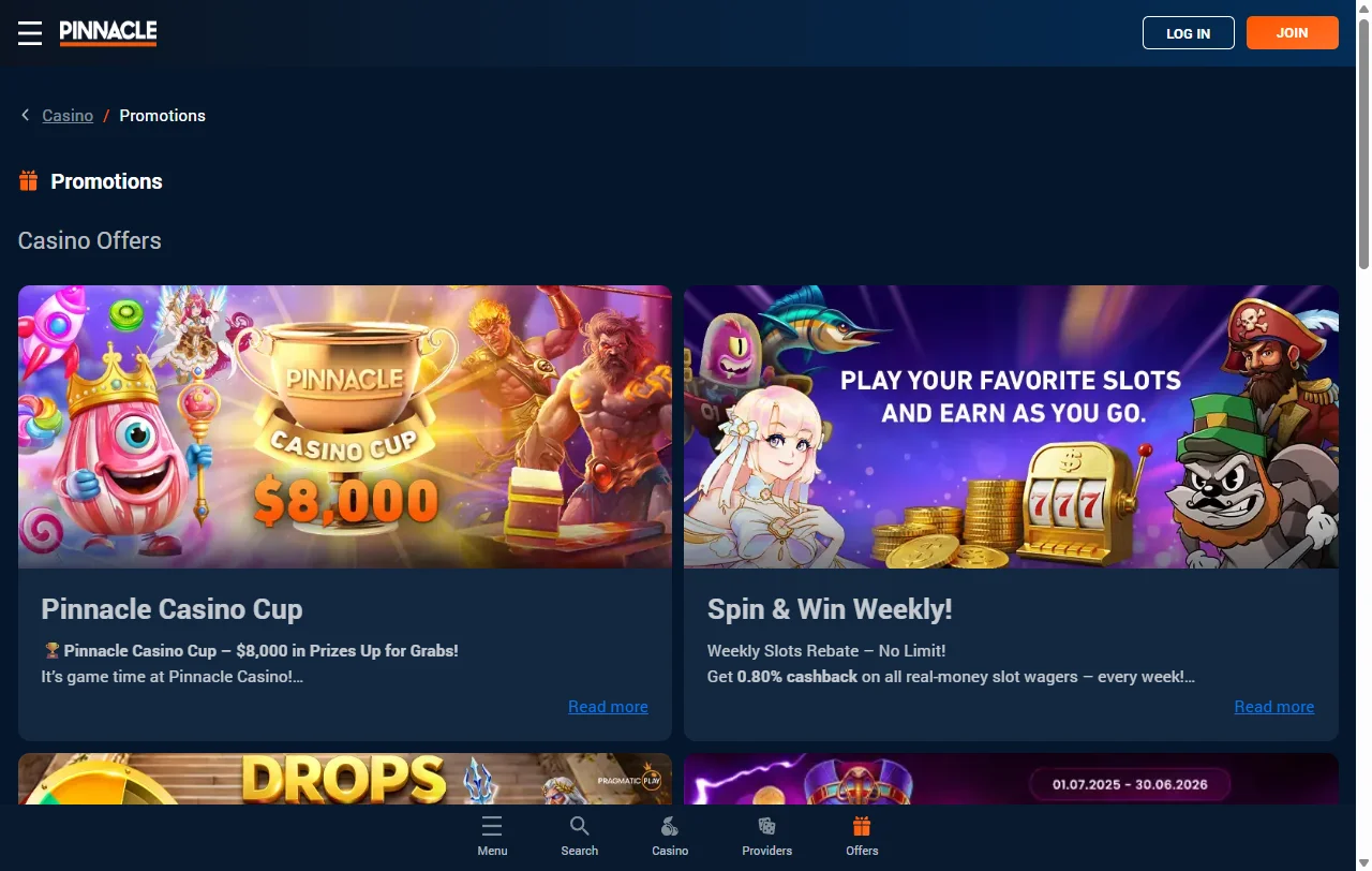Pinnacle Casino games, slots and live dealer selection