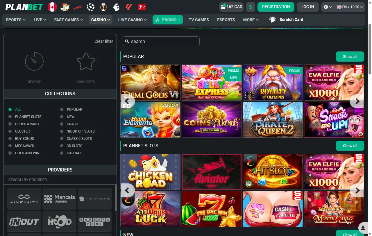 PlanBet Casino games overview highlighting slots, live tables and providers