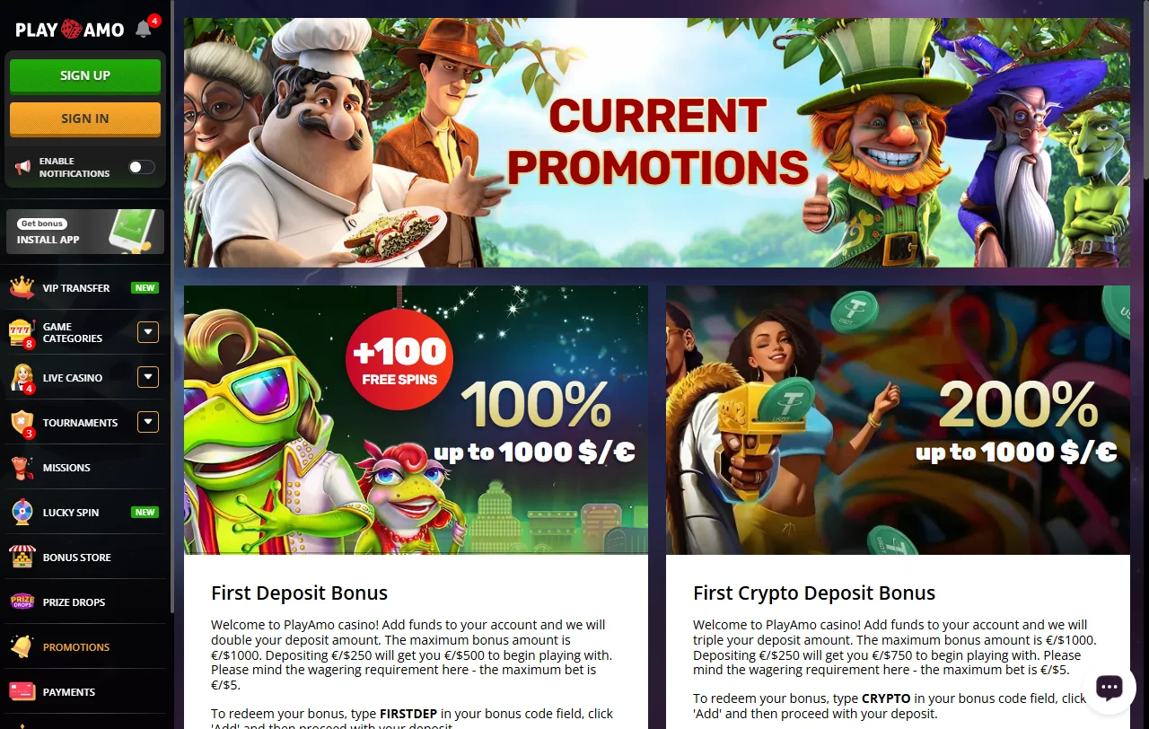 PlayAmo Casino bonus summary with welcome offers and wagering terms