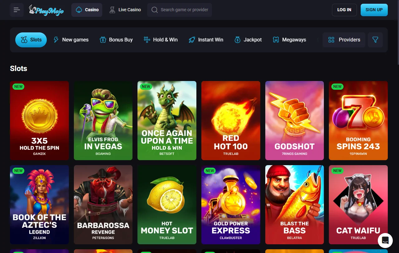 PlayMojo Casino overview of slots, live tables and providers