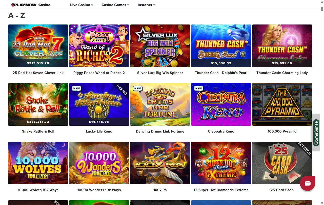 PlayNow Casino game selection with slots, tables and live entertainment focus