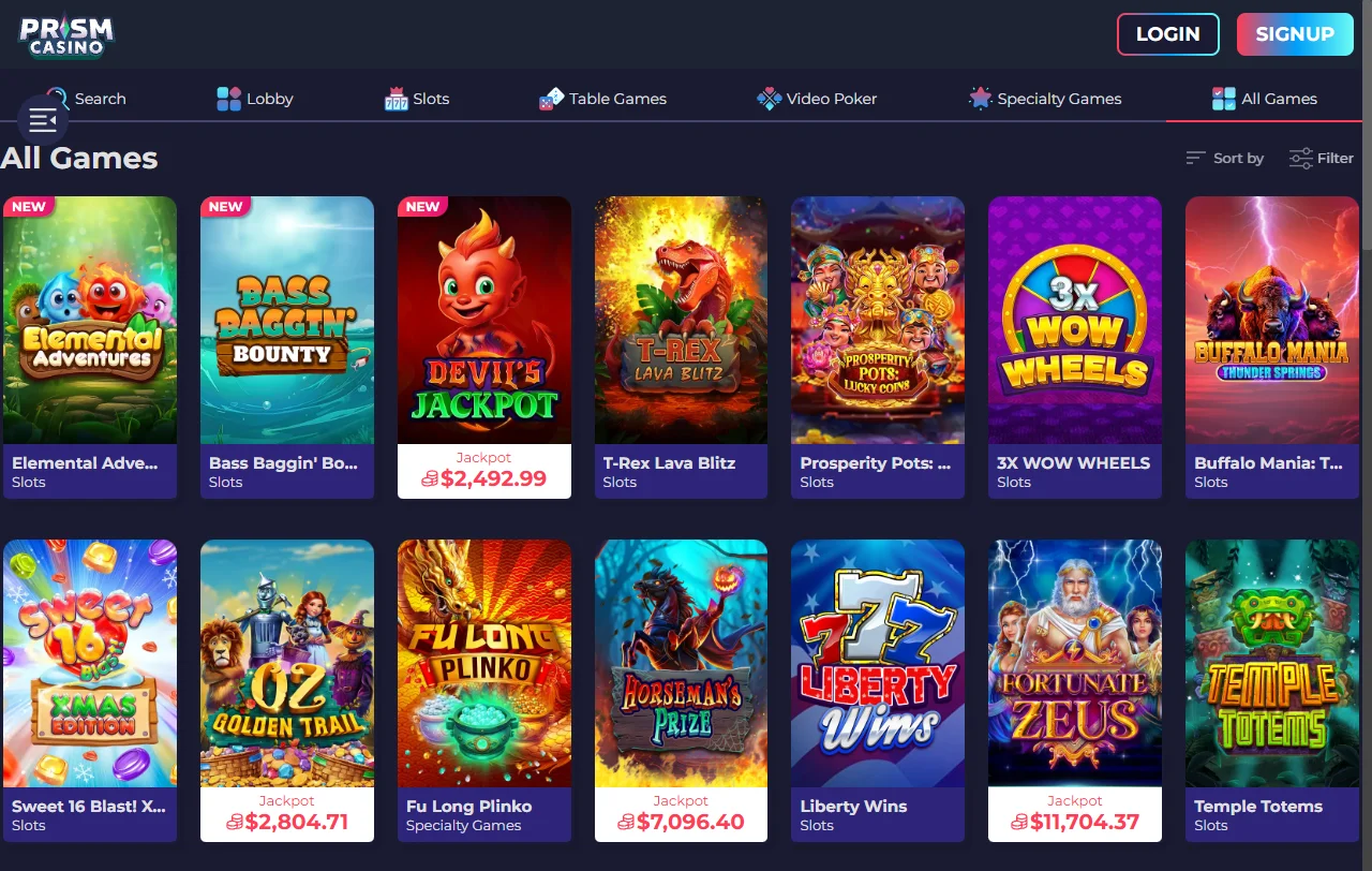 Prism Casino games library with slots live tables and providers