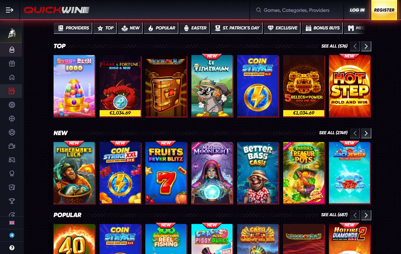 QuickWin Casino game library with slots and live table coverage
