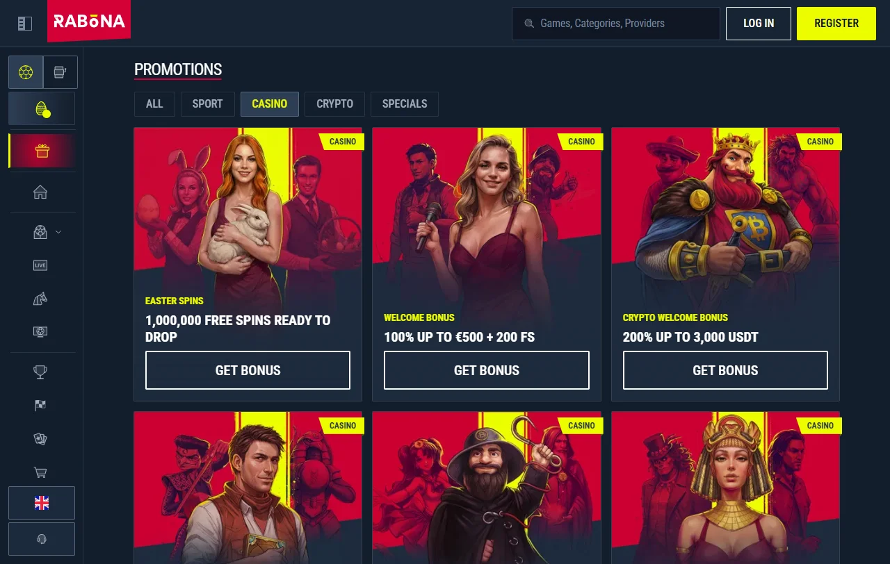 Rabona Casino game library with slots live tables and providers