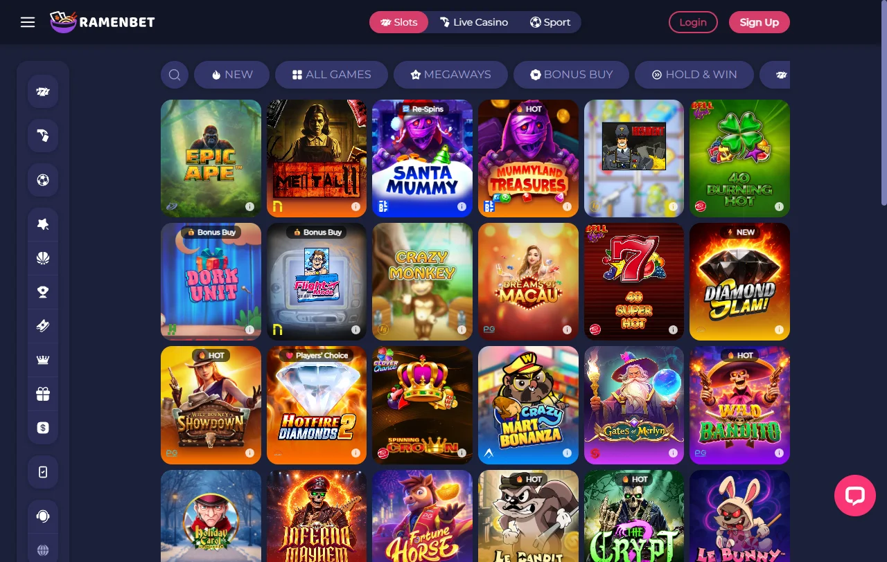 Ramenbet Casino games overview with slots and live tables