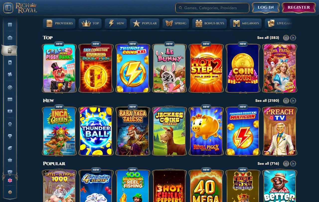 RichRoyal Casino games library with live tables and slot variety