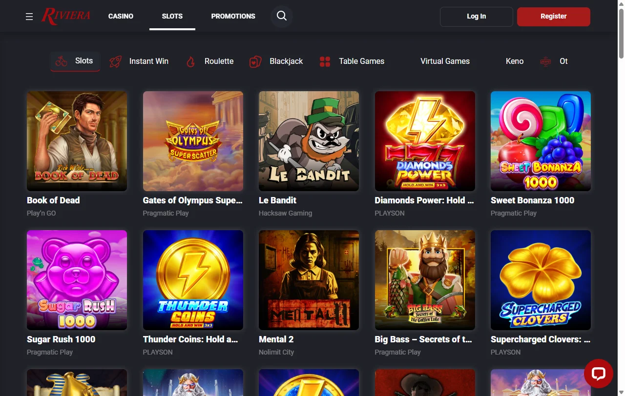 Riviera Casino games library with slots, tables and live options