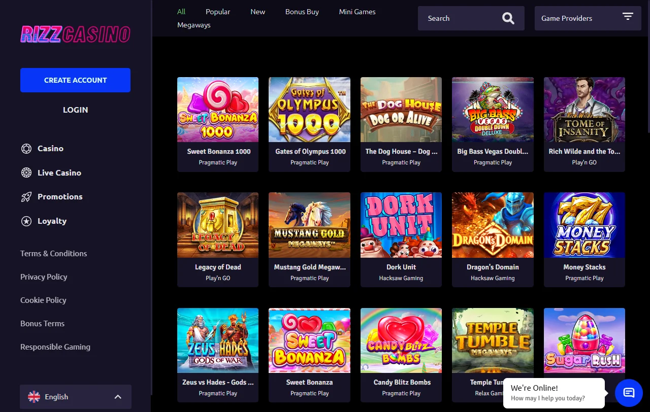 Rizz Casino slots, tables and live gaming library
