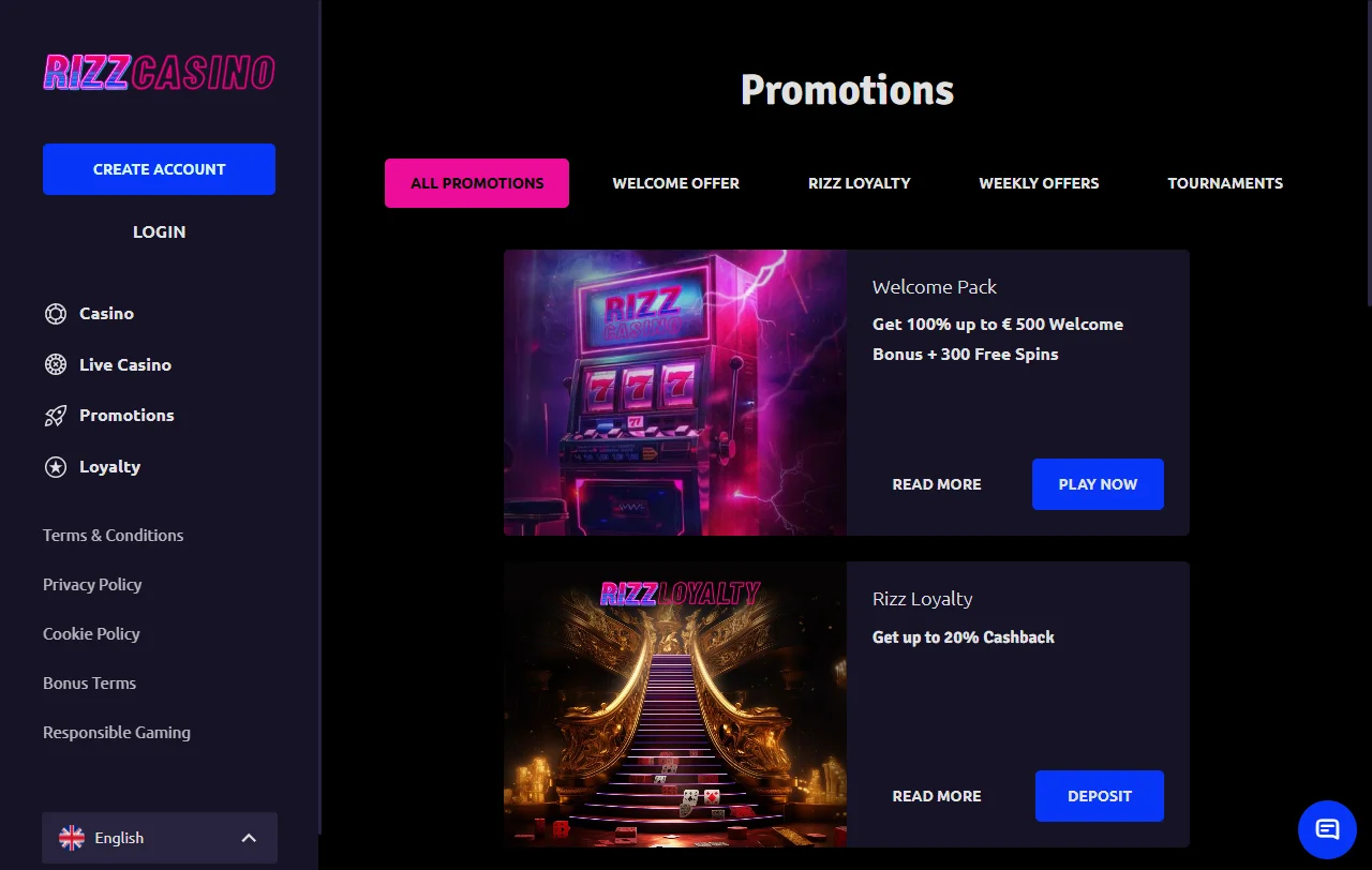 Rizz Casino welcome bonus terms and promotions summary
