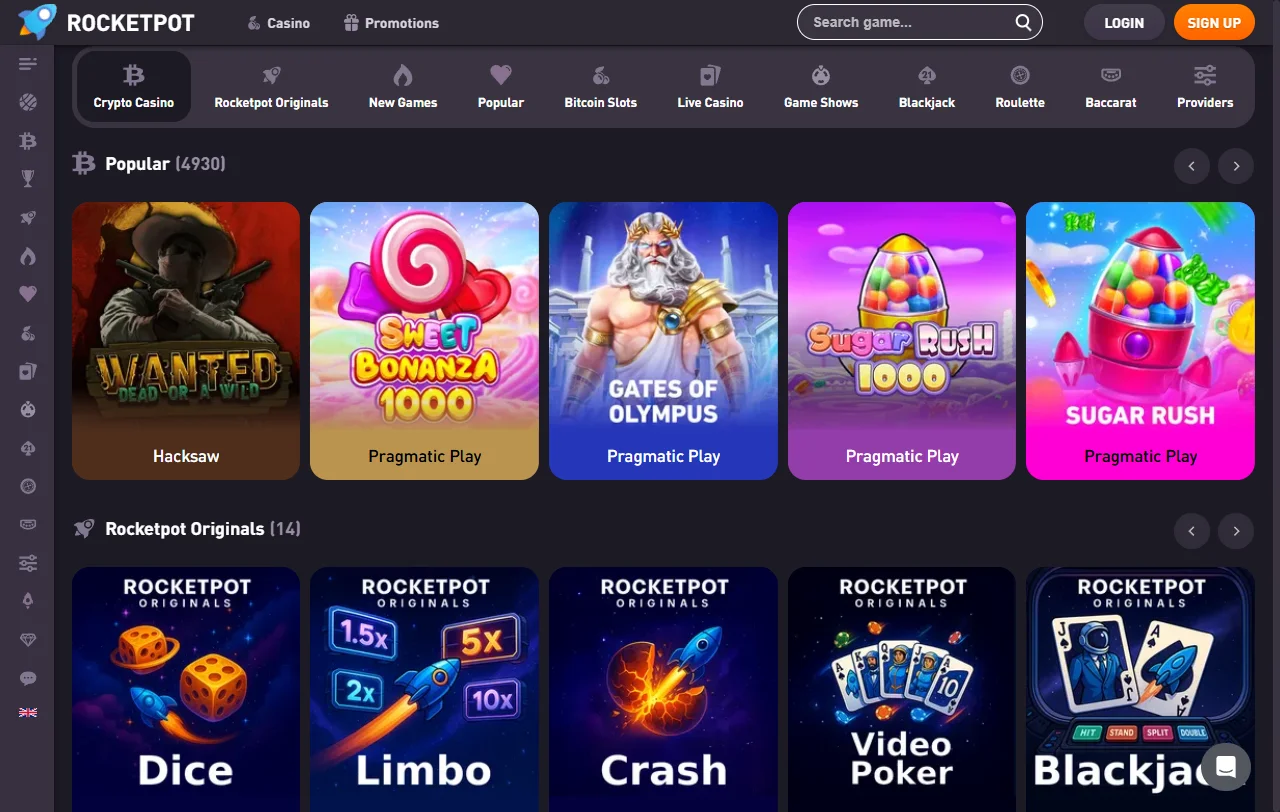 RocketPot Casino games and live table selection overview
