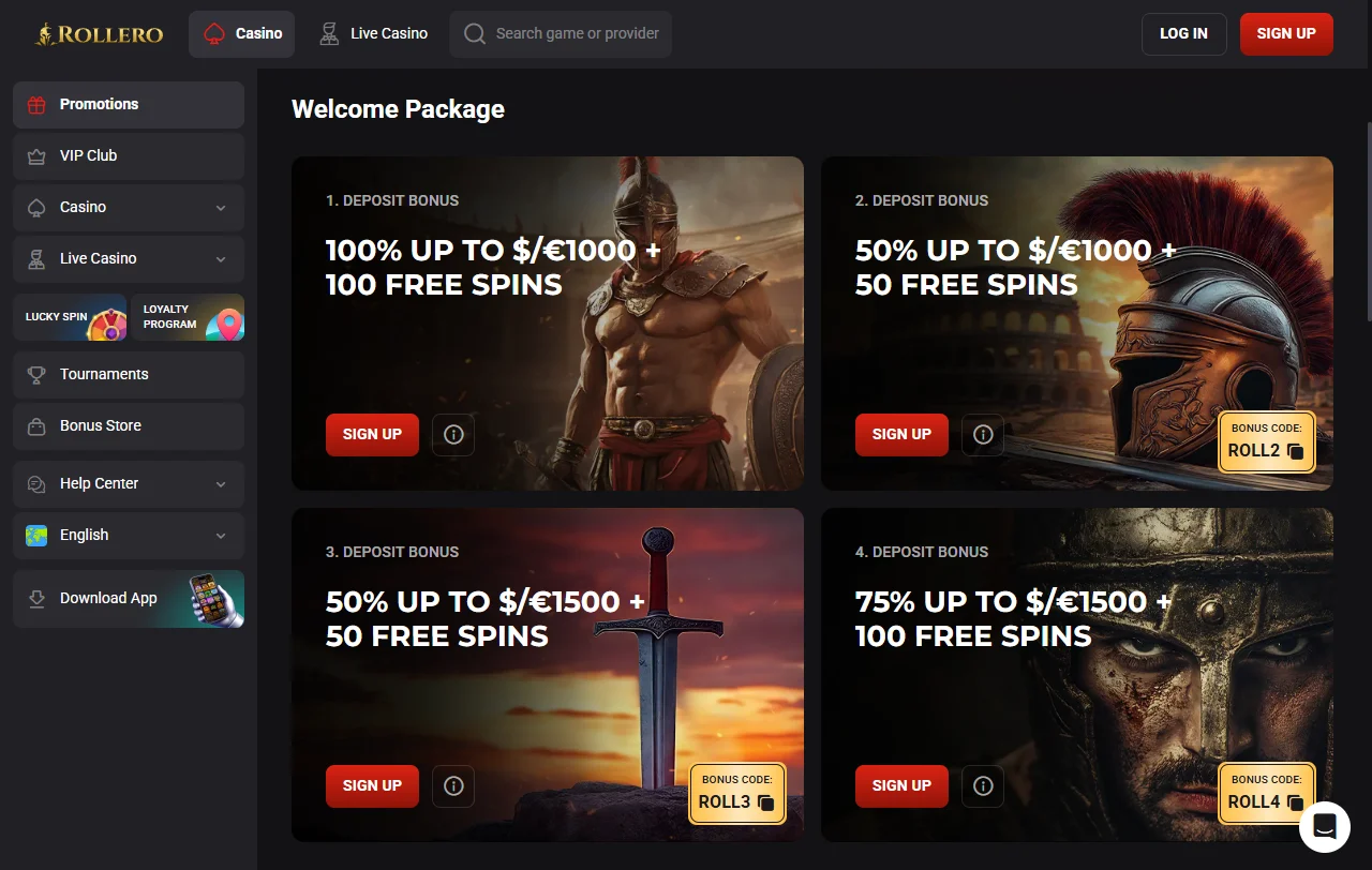 Rollero Casino overview of slots, live tables and software partners