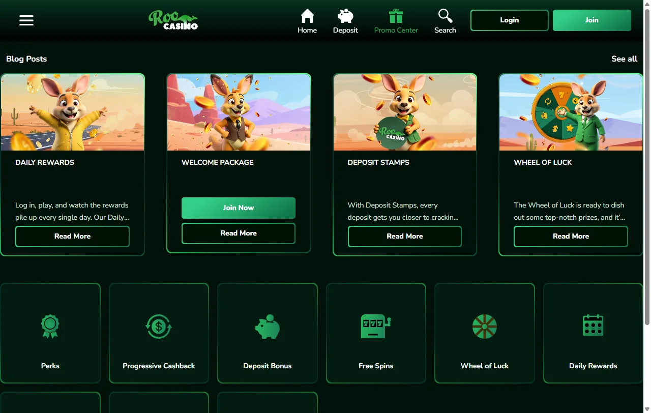 Roo Casino game library with slots, live tables and providers