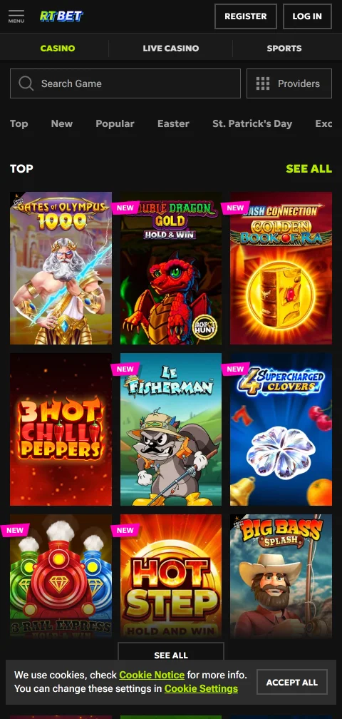 RT Bet Casino deposits, withdrawals and payment options
