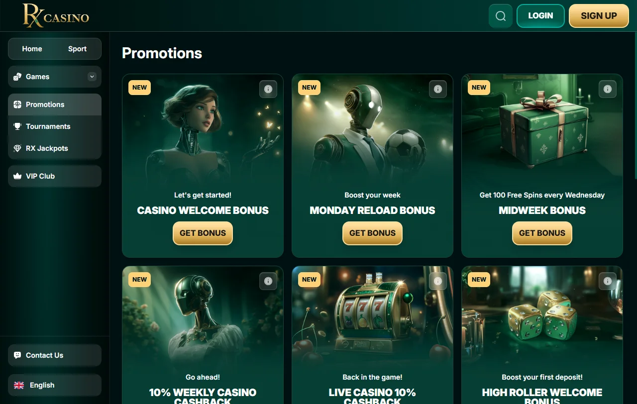 RX Casino games overview with slots, tables and live content