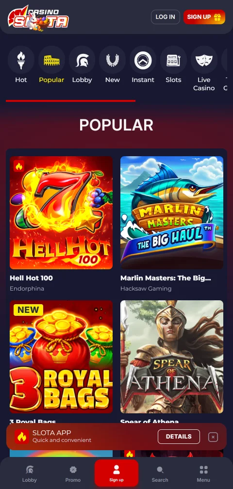 Slota Casino deposits, withdrawals and payment methods