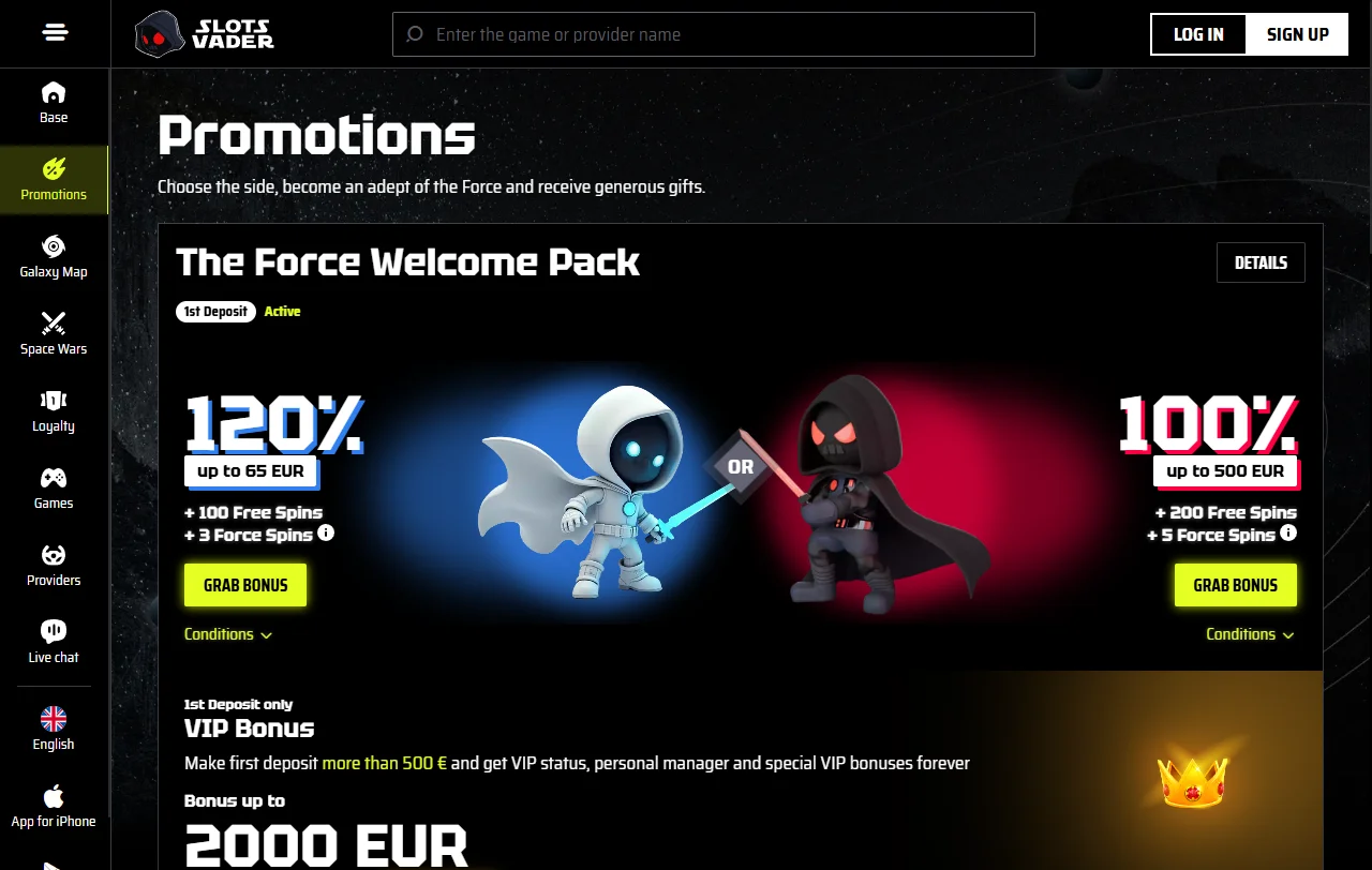 SlotsVader Casino games and provider mix for online play