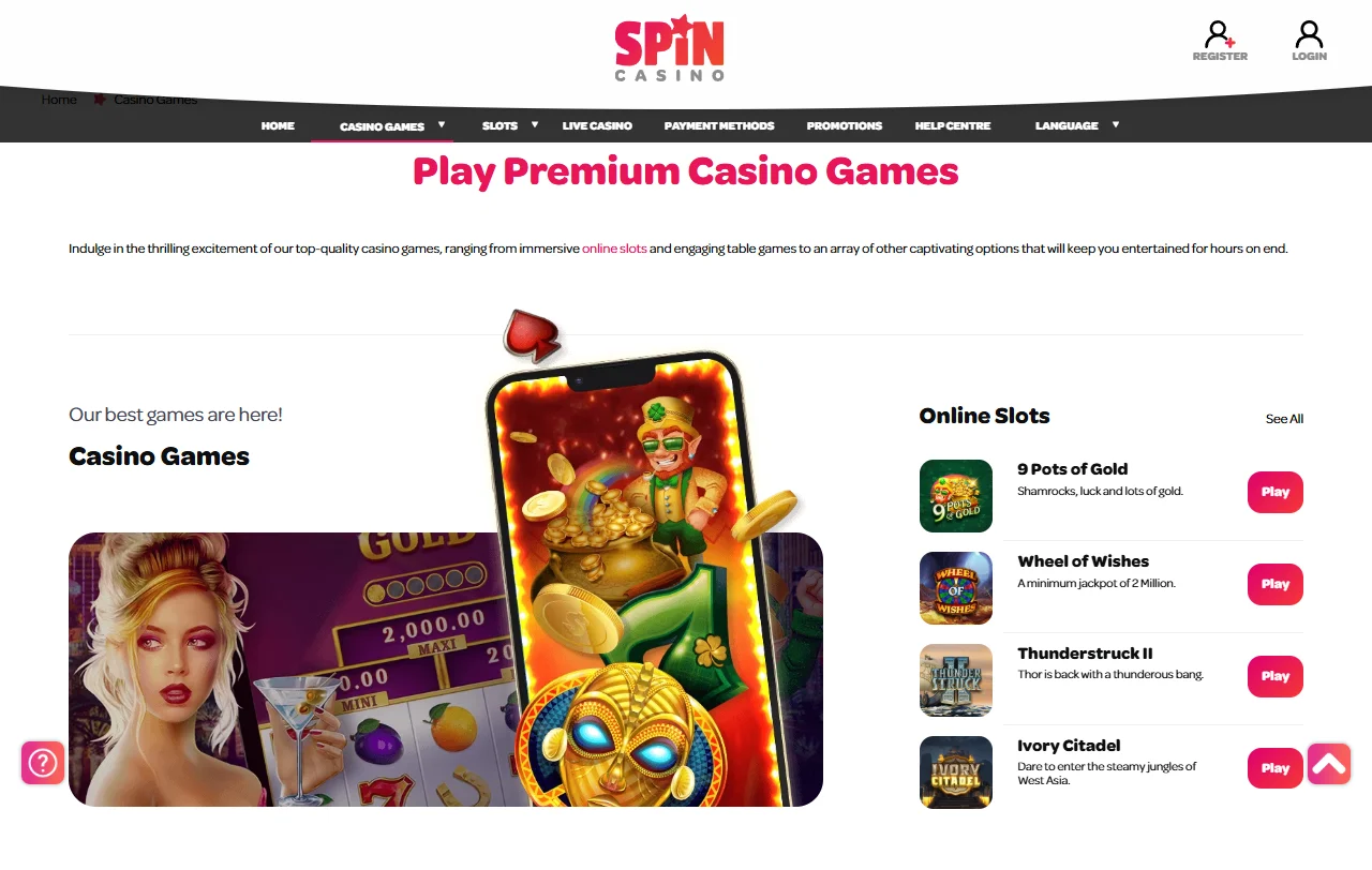 Spin Casino game selection with slots, tables and live options