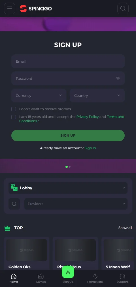 Spinago Casino mobile access for smartphones and browser play