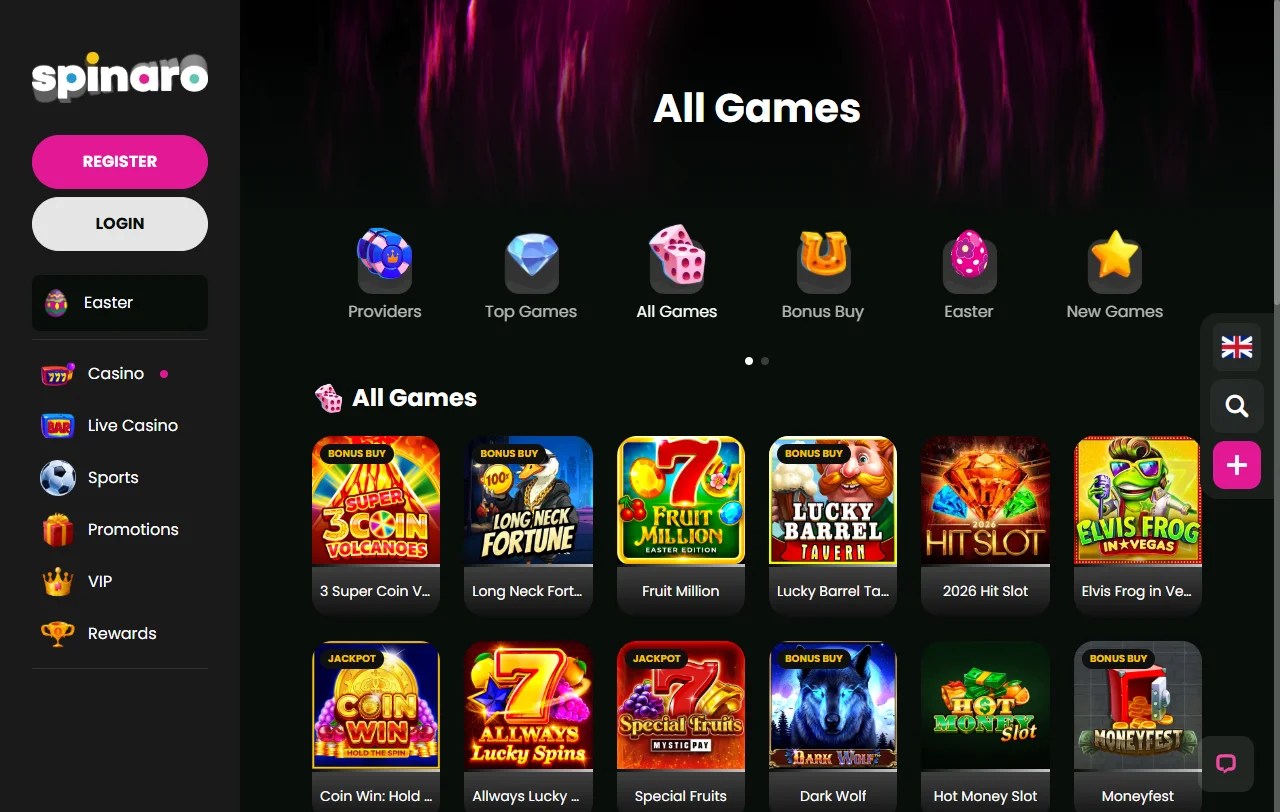 Spinaro Casino games, slots and live tables for India players