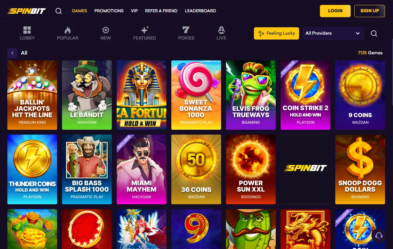 Spinbit Casino games library with slots and live tables