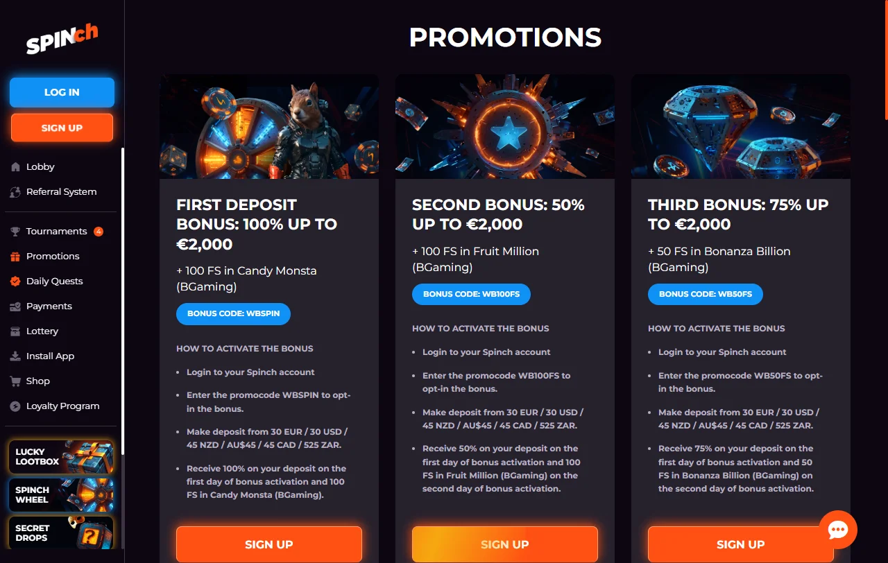 Spinch Casino game library overview with slots and live tables