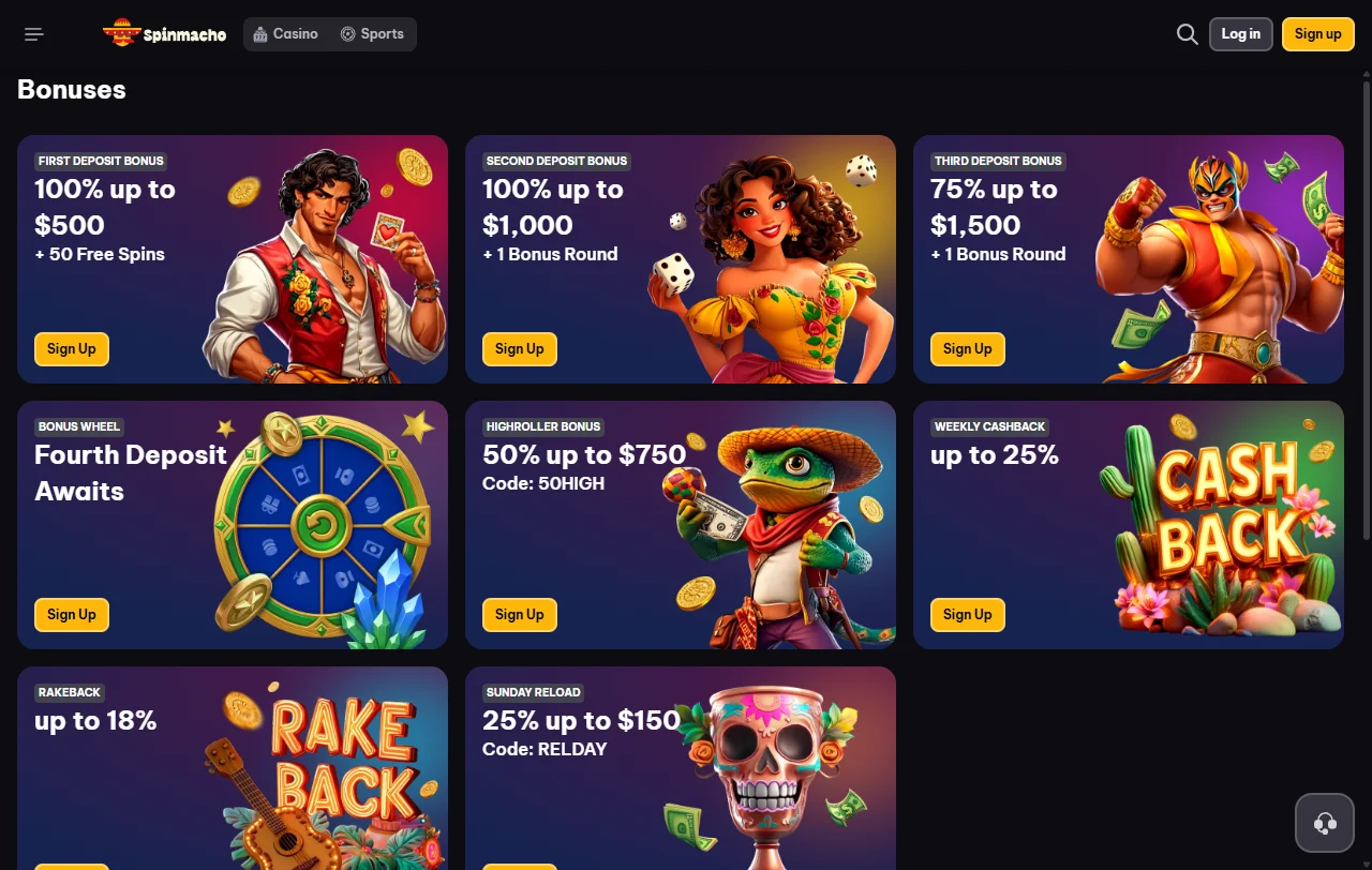 Spinmacho Casino slots and live game selection overview