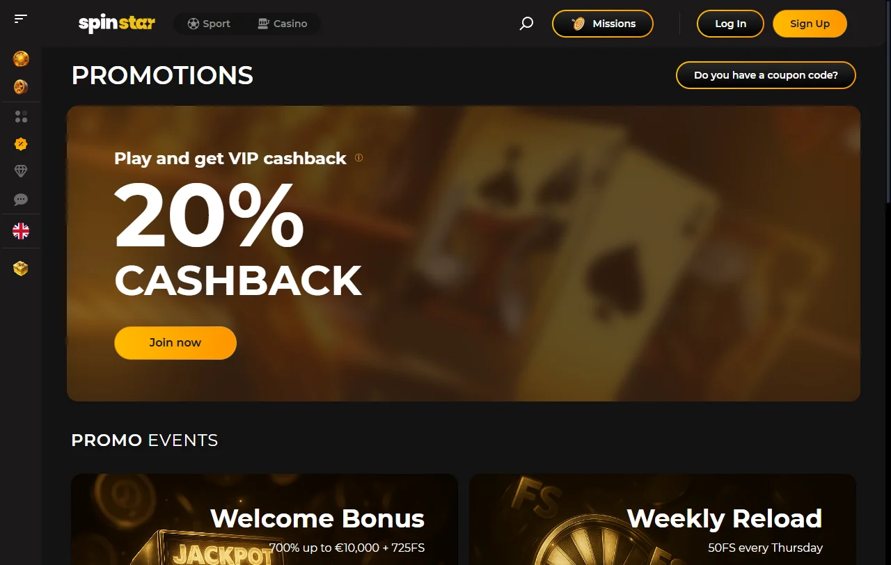 SpinStar Casino games library, slots variety and live tables
