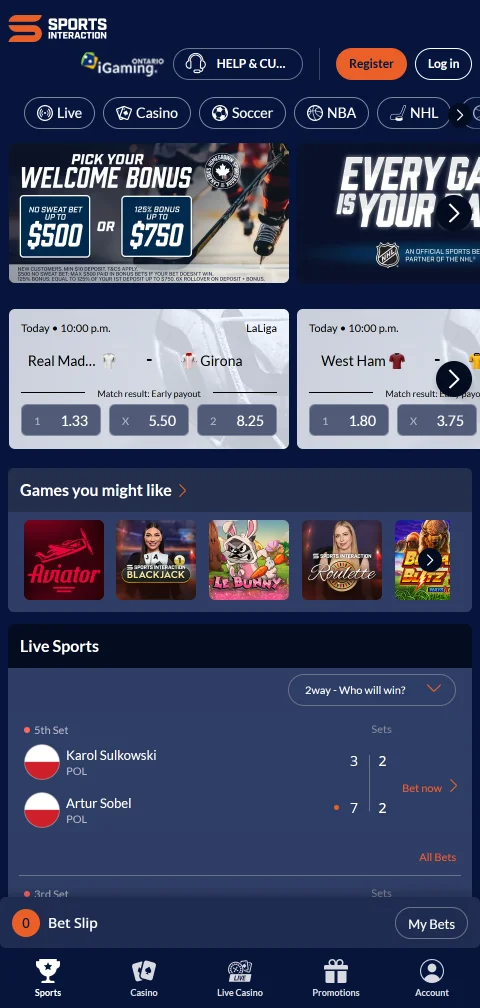 Sports Interaction Casino mobile access for Android and iPhone players