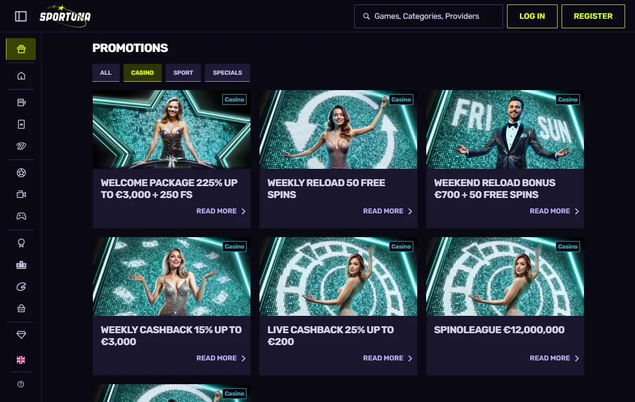 Sportuna Casino games library with slots and live dealer coverage