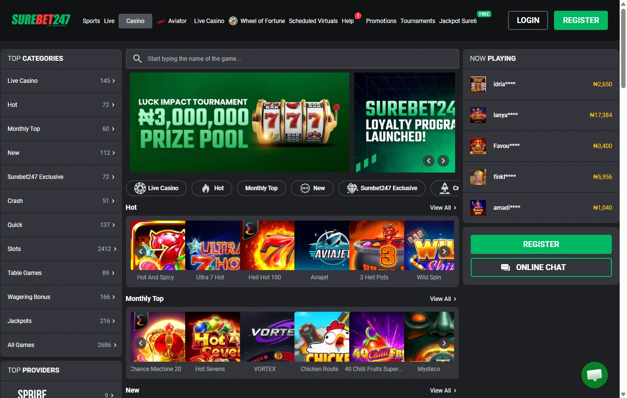 SureBet247 Casino game library with slots and live dealer options