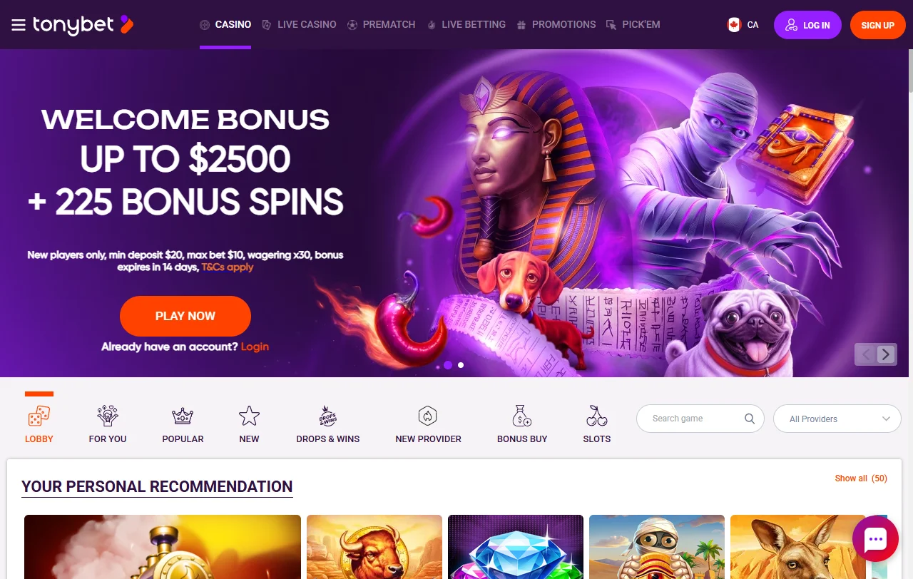 Tonybet Casino games library with slots and live tables