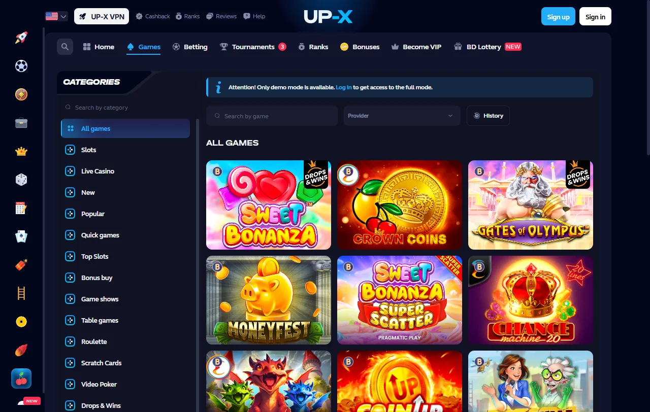 Up-X Casino games library and software provider coverage