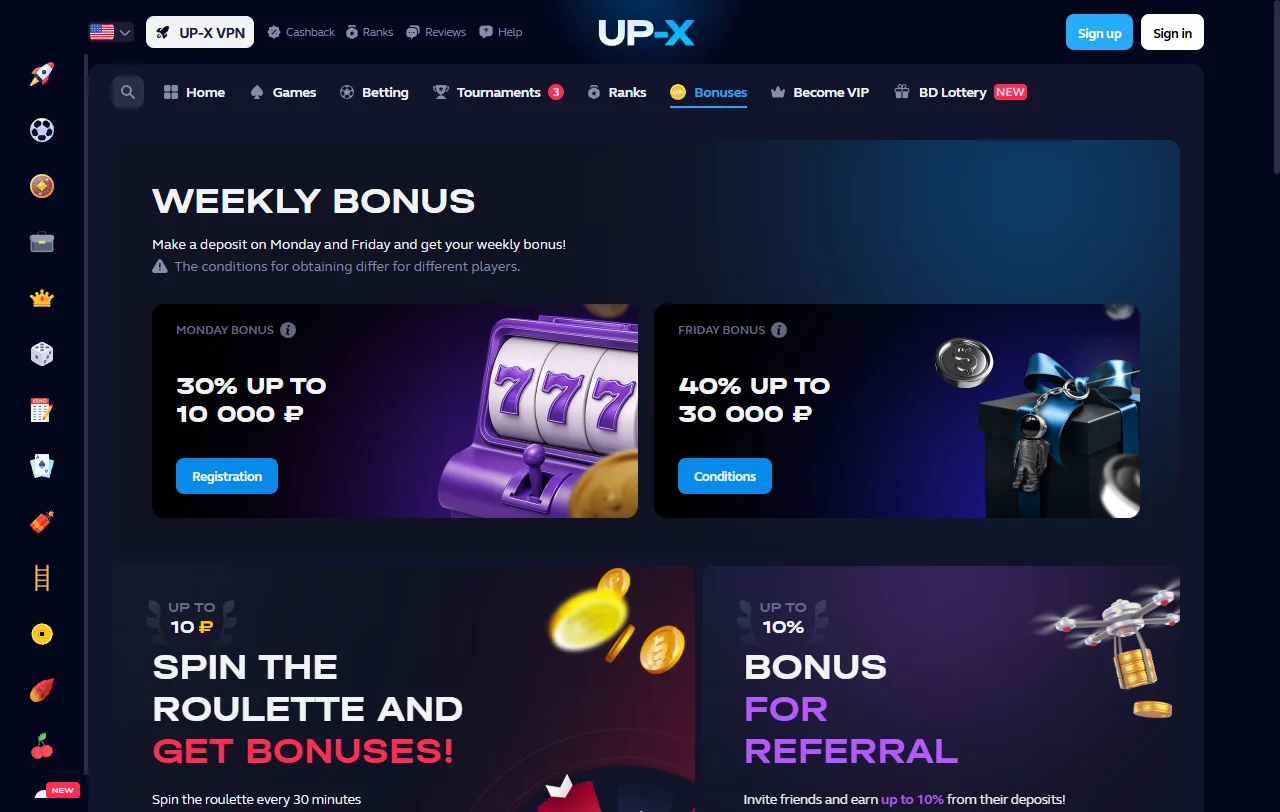 Up-X Casino bonus terms and welcome offer details