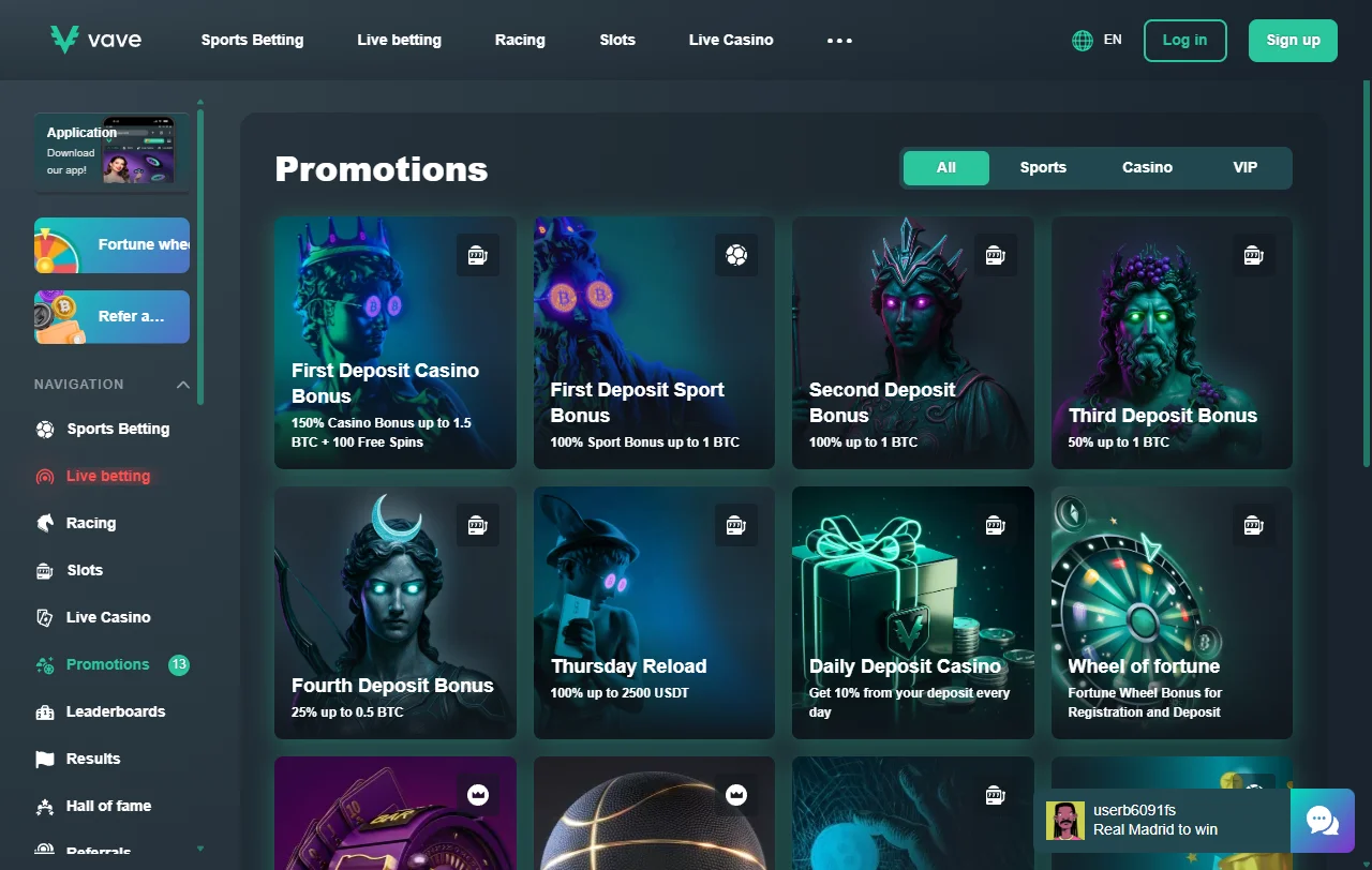 Vave Casino game library with slots and live tables