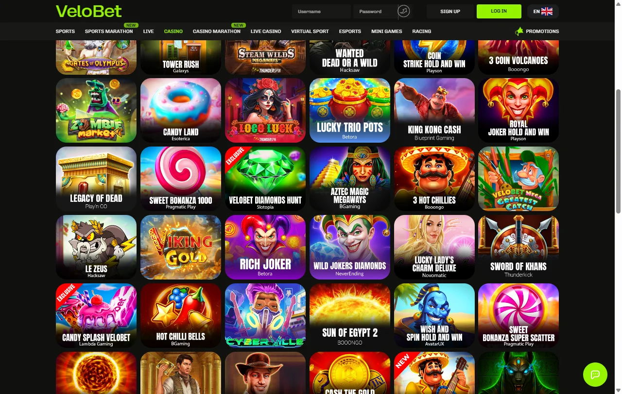 Velobet Casino games library with slots live tables and providers