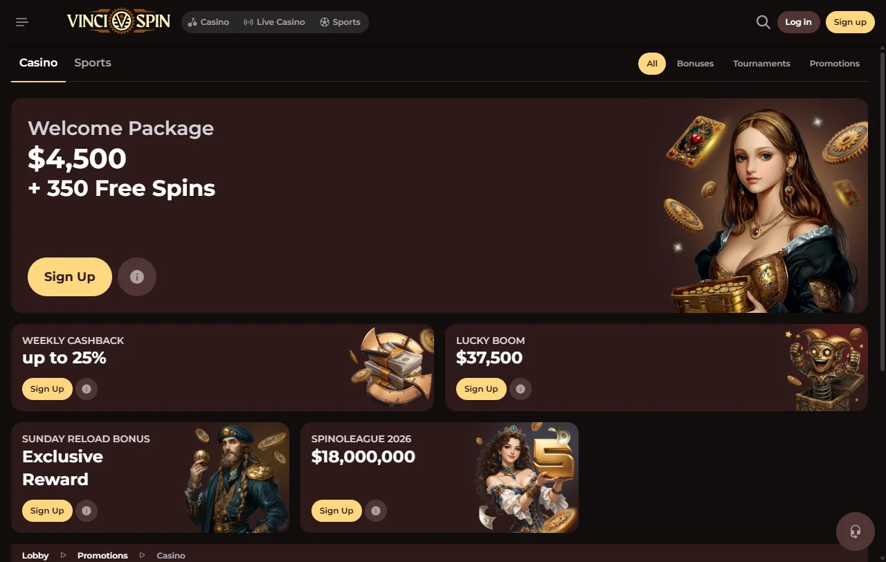 VinciSpin Casino game library with slots and live tables