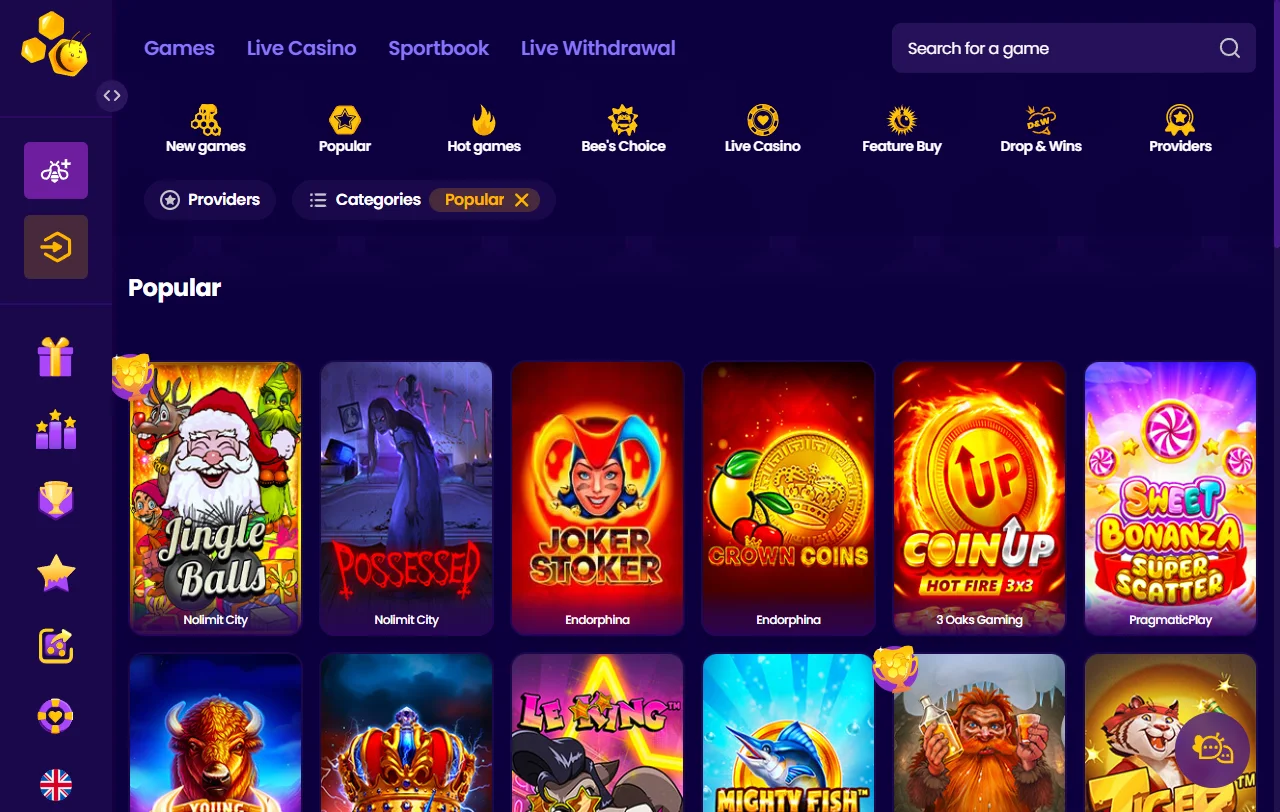 Wazbee Casino game selection and provider mix for player research