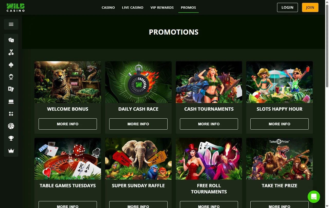 Wild Casino games library with slots, live tables and variety