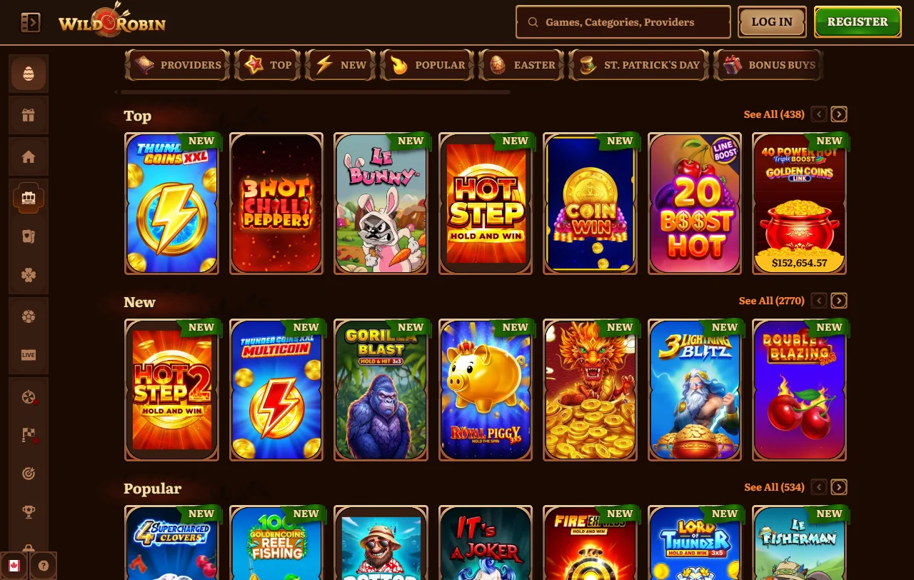 Wild Robin Casino game library with slots and live tables