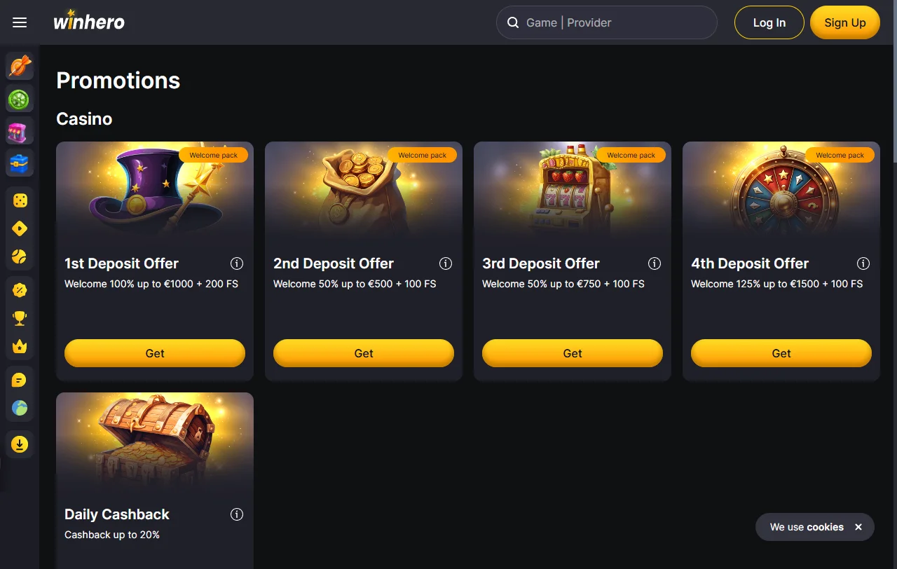Winhero Casino games library featuring slots and live tables