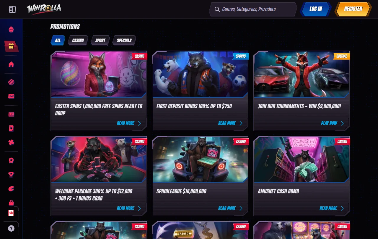 WinRolla Casino games library with slots, tables and live dealer choices