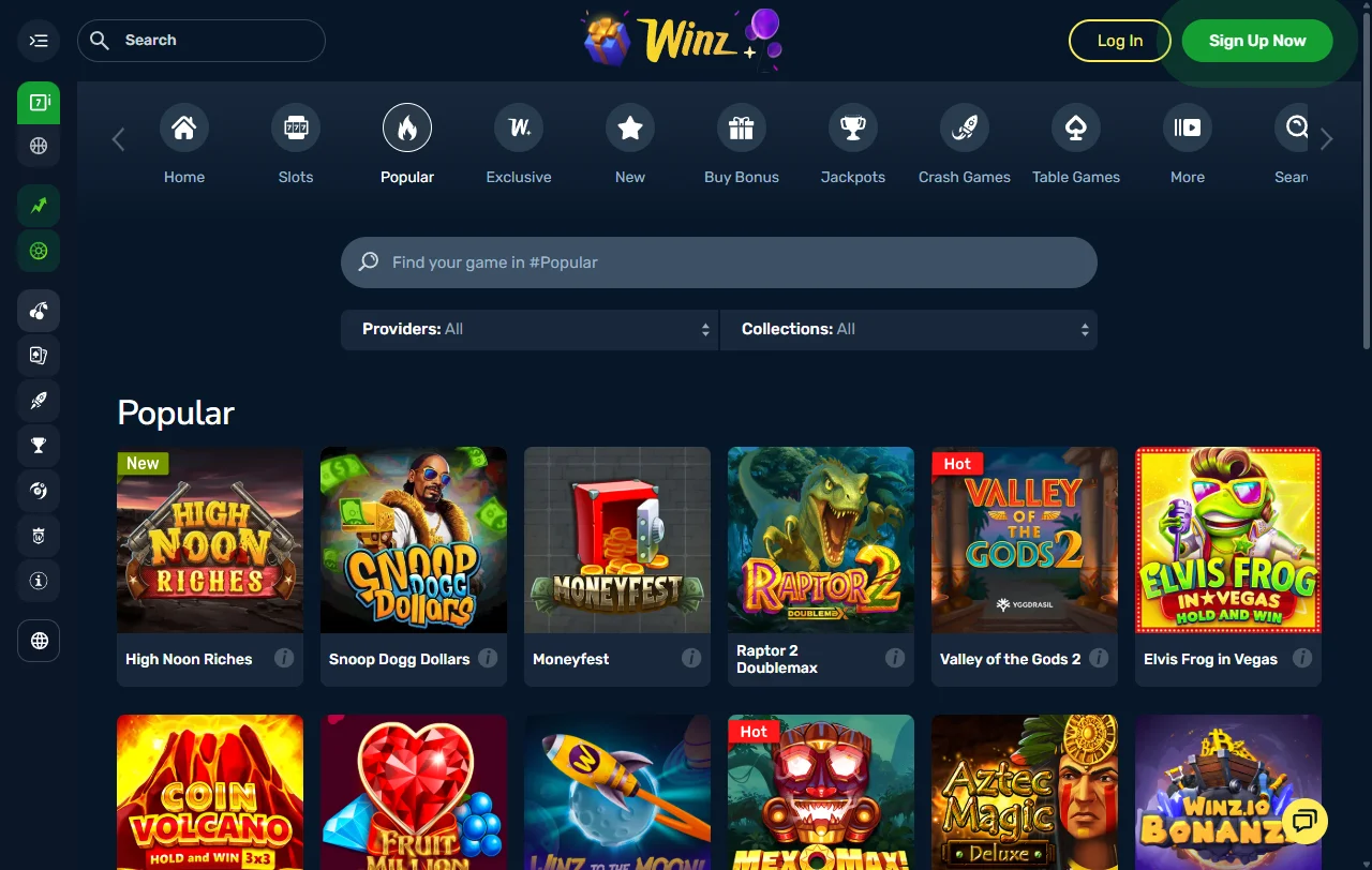 Winz Casino games library, slots and live entertainment focus