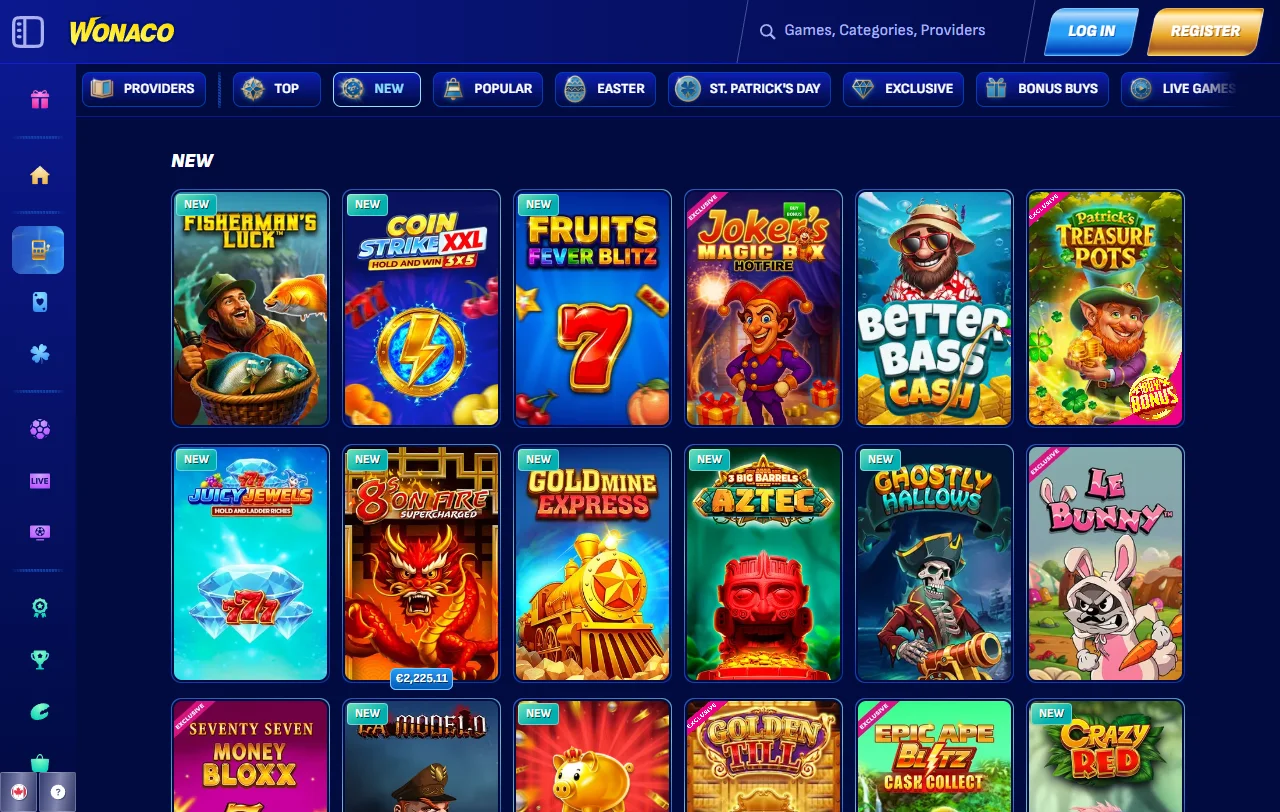 Wonaco Casino games library focus with slots and live tables