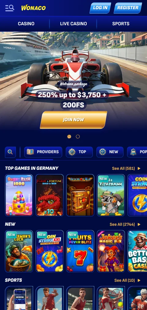 Wonaco Casino smartphone access and mobile play experience